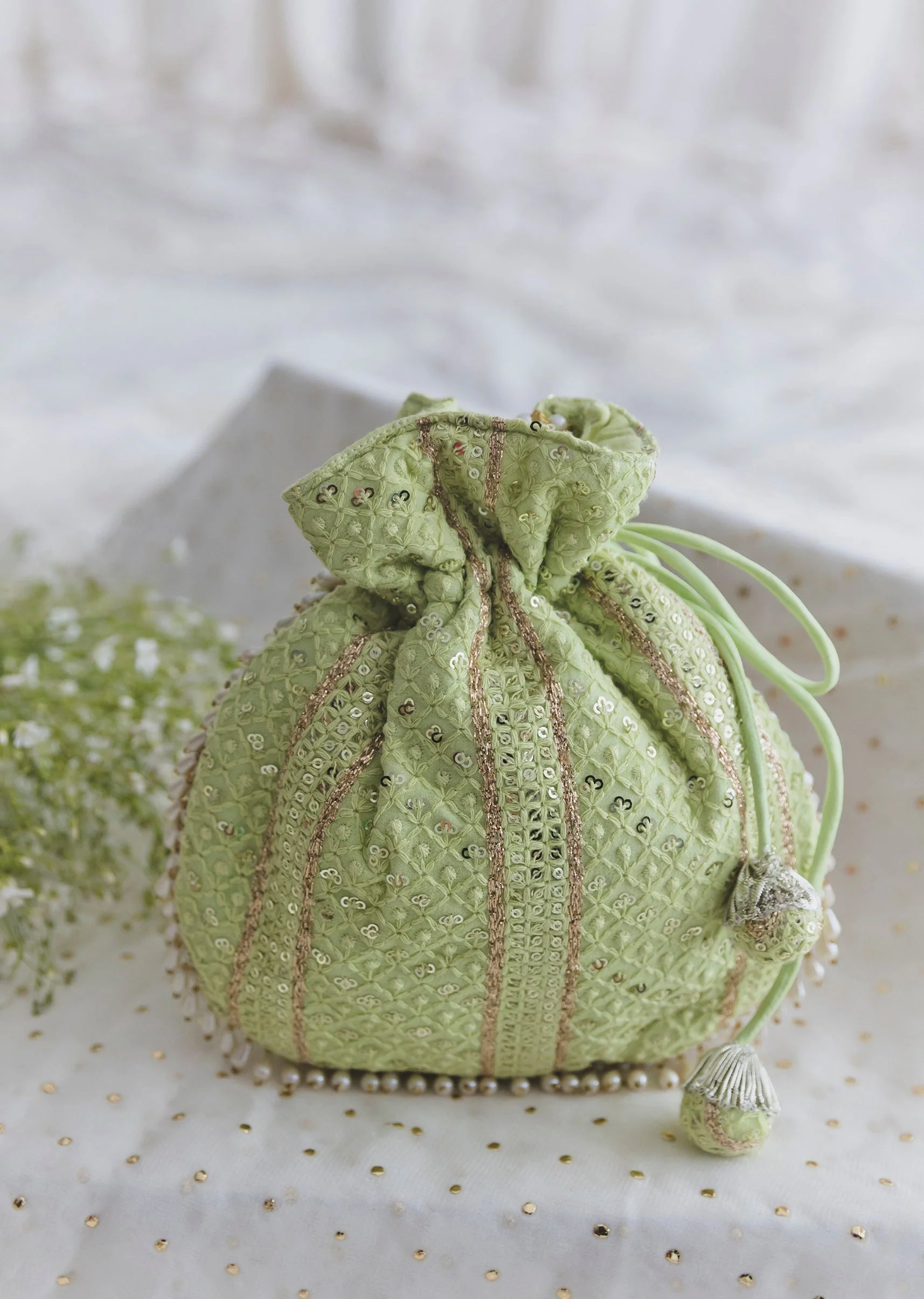 Green Cotton Potli With Embroidery