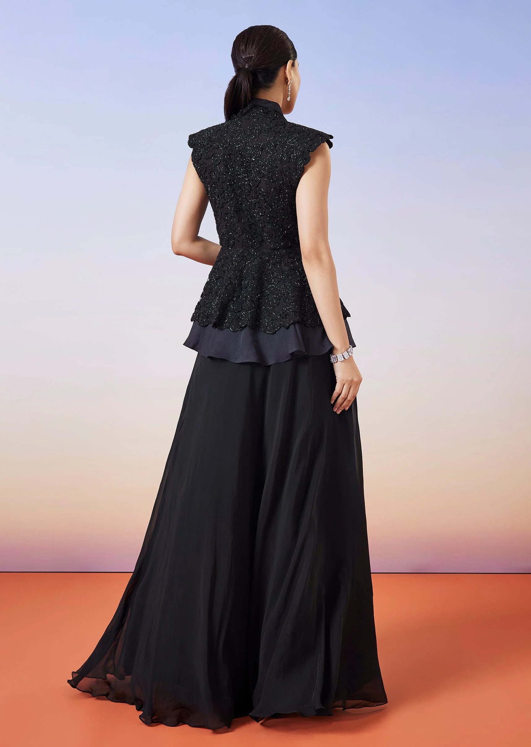 Black Organza Peplum Jacket Crop Skirt Lehenga
