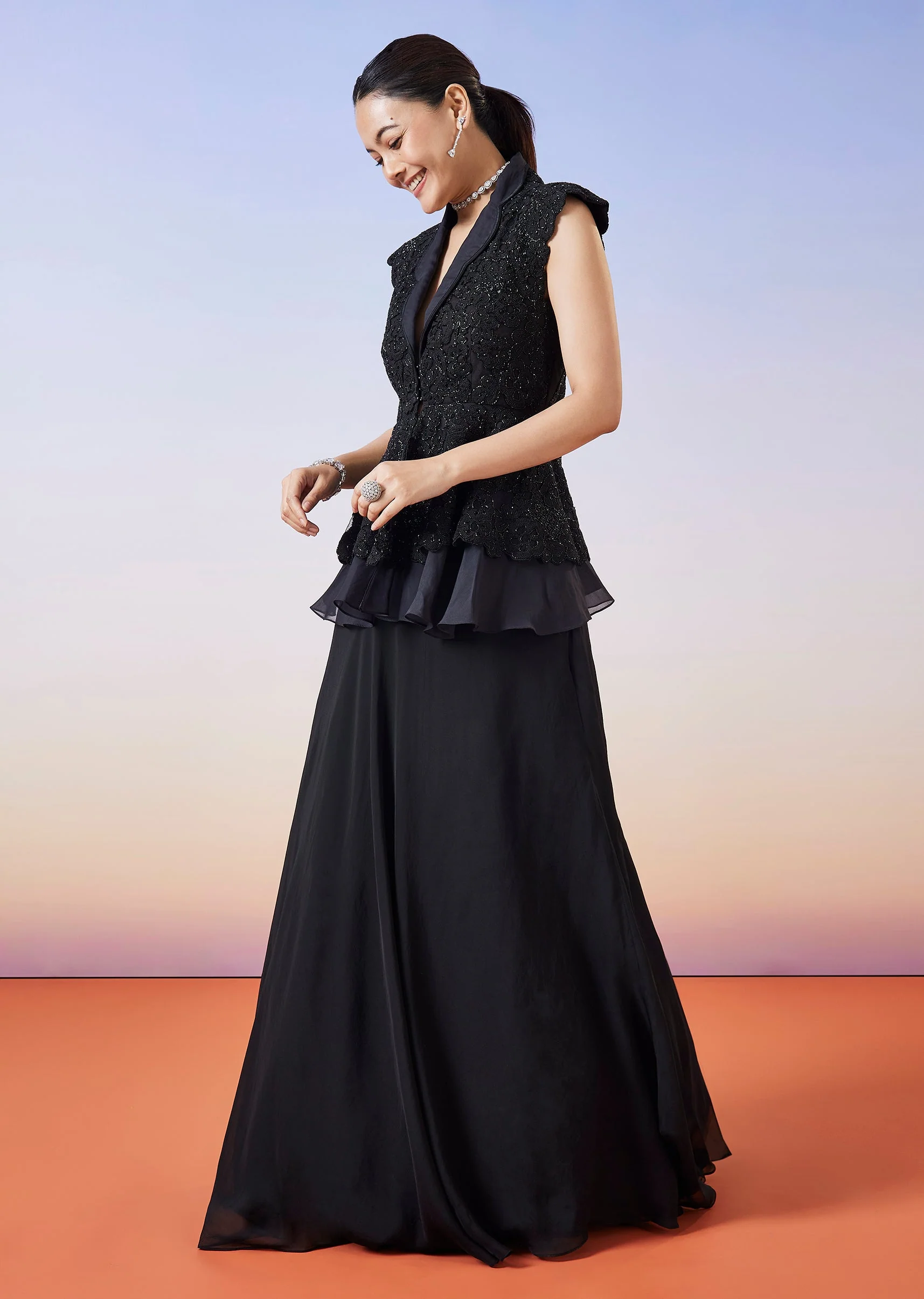 Black Organza Peplum Jacket Crop Skirt Lehenga