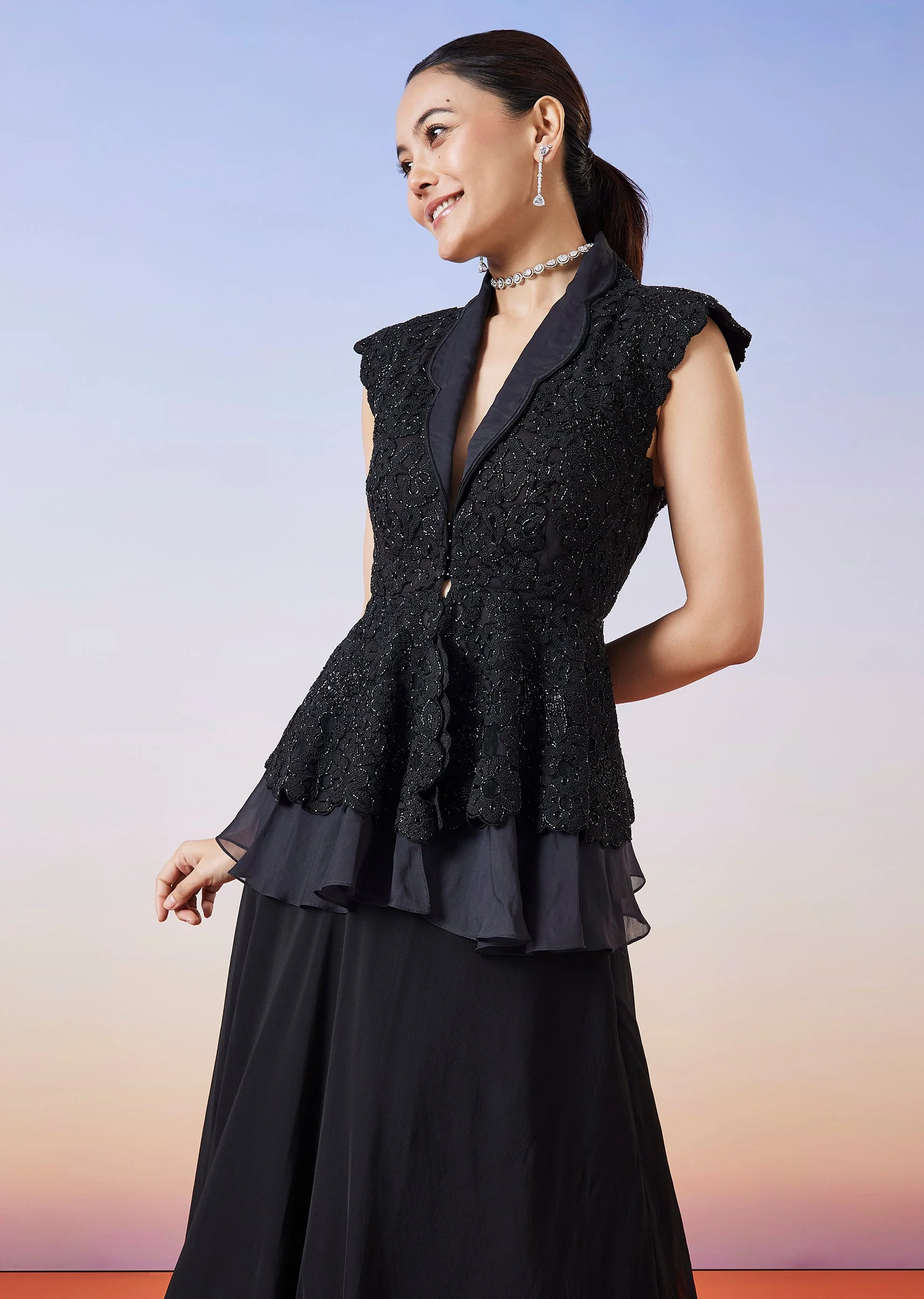 Black Organza Peplum Jacket Crop Skirt Lehenga