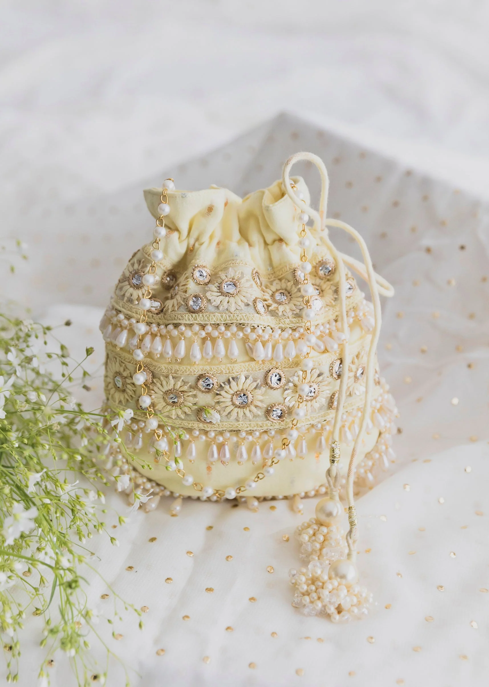 Yellow Cotton Potli With Embroidery And Mirror Work