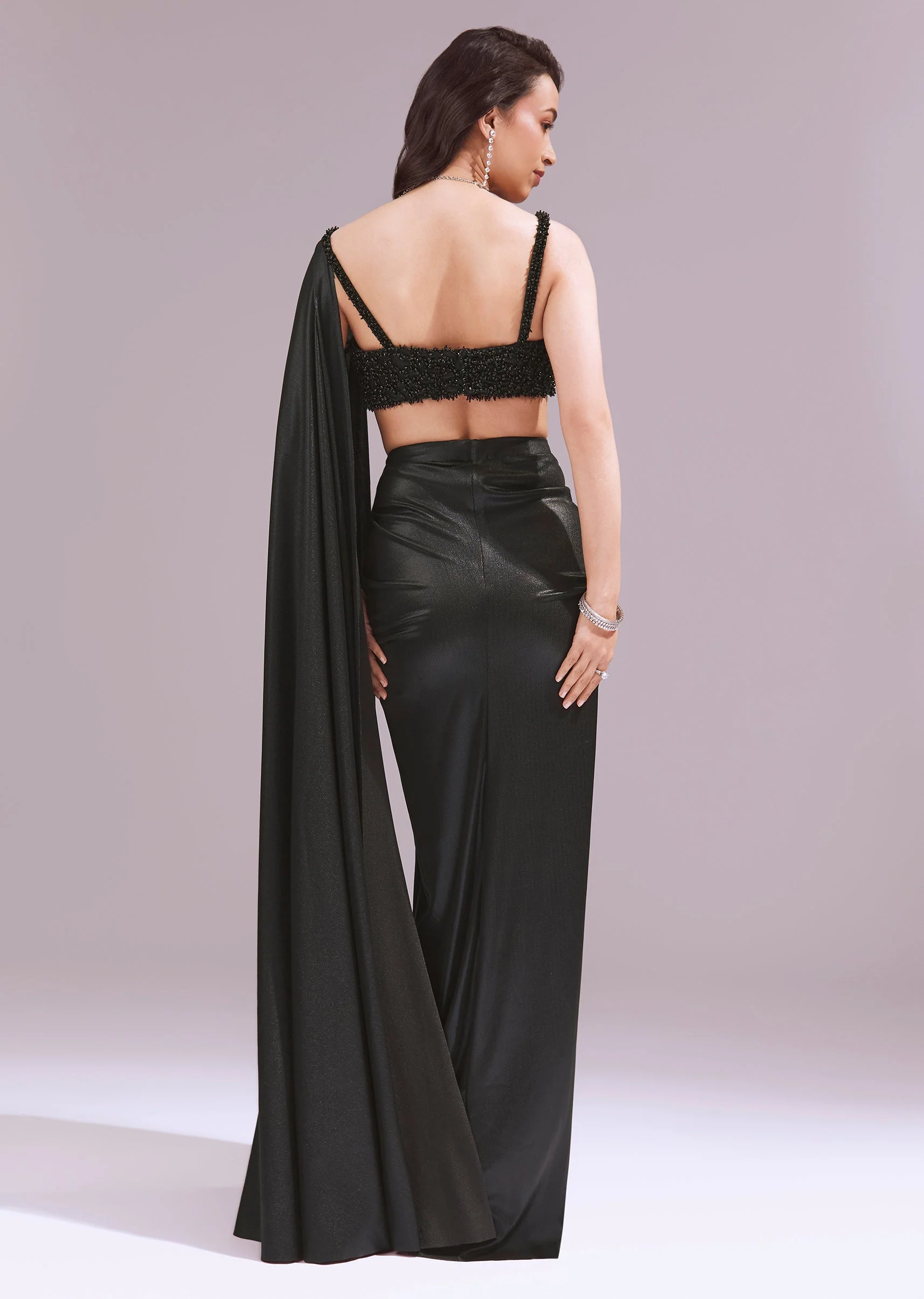 Black Draped Crop Top And Skirt Set