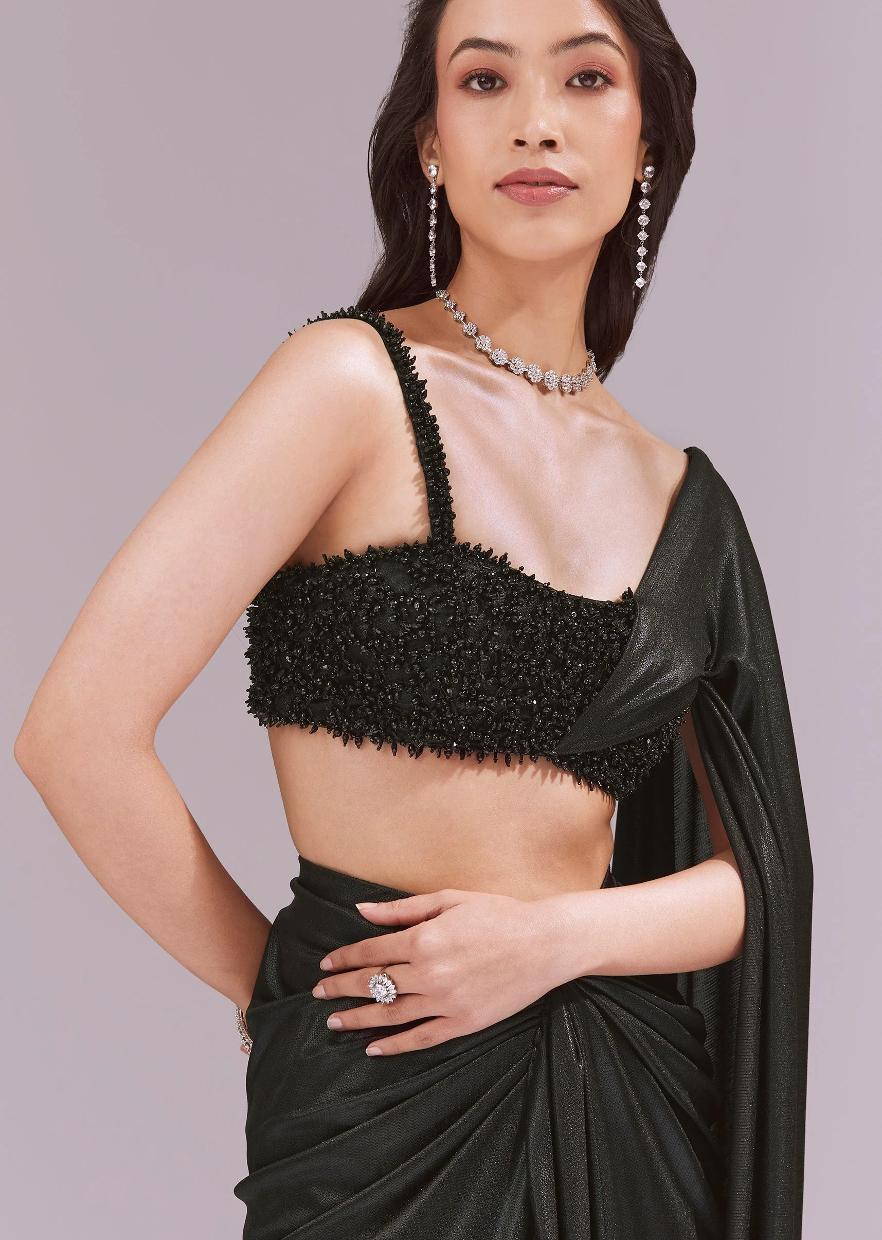 Black Draped Crop Top And Skirt Set