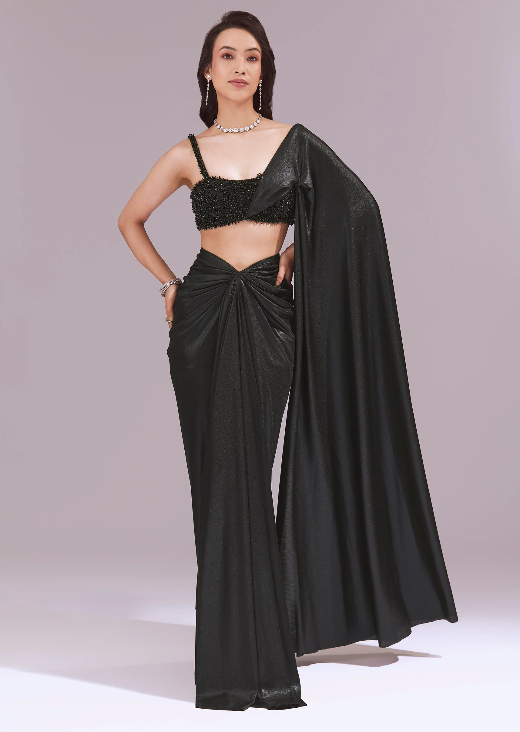 Black Draped Crop Top And Skirt Set