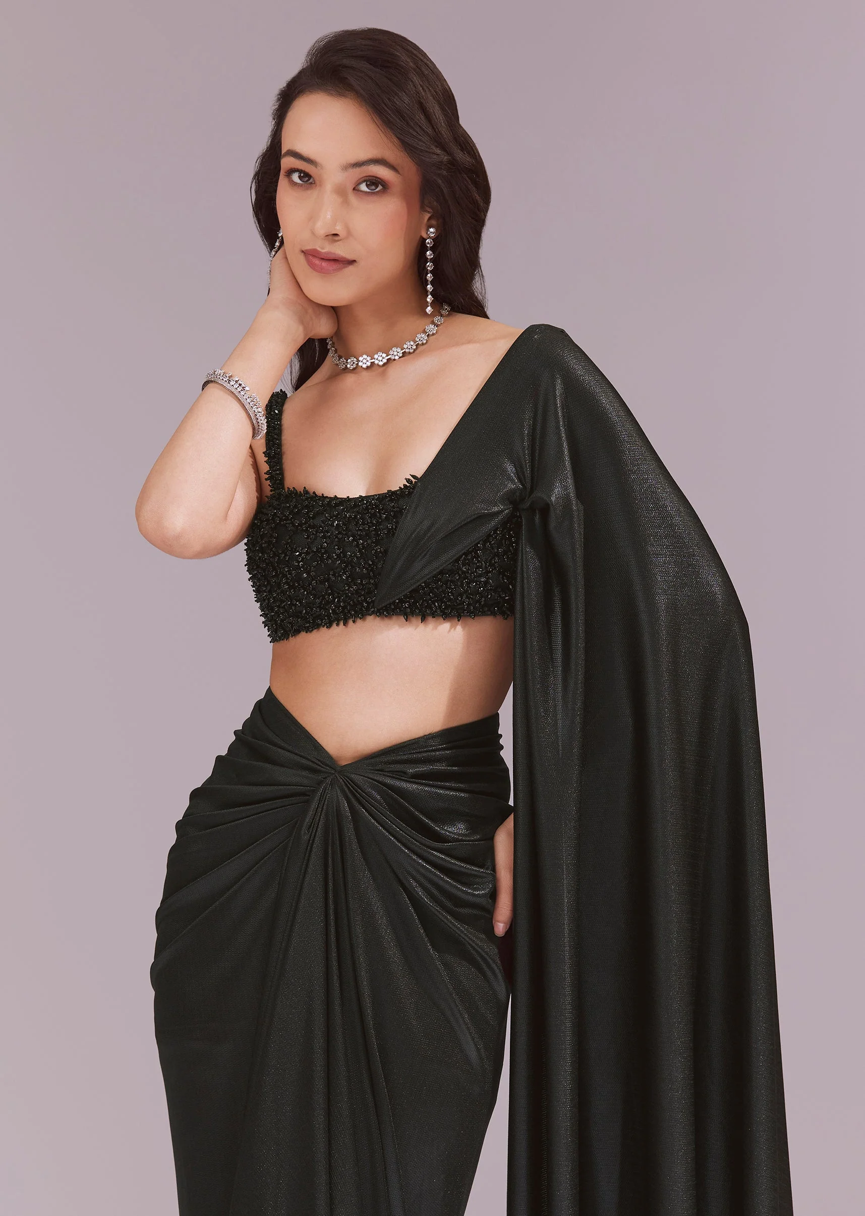 Black Draped Crop Top And Skirt Set