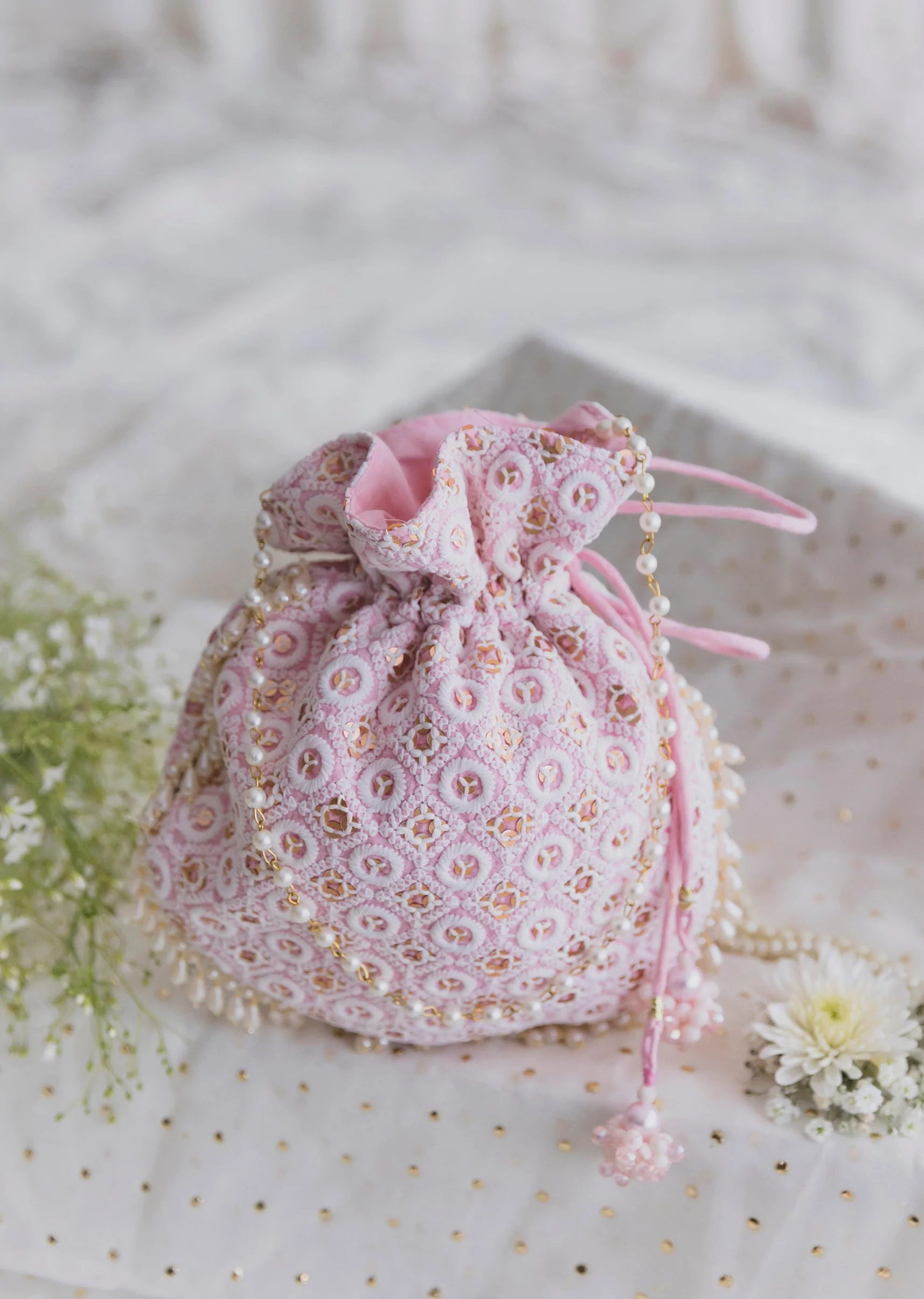 Pink Cotton Potli With Embroidery