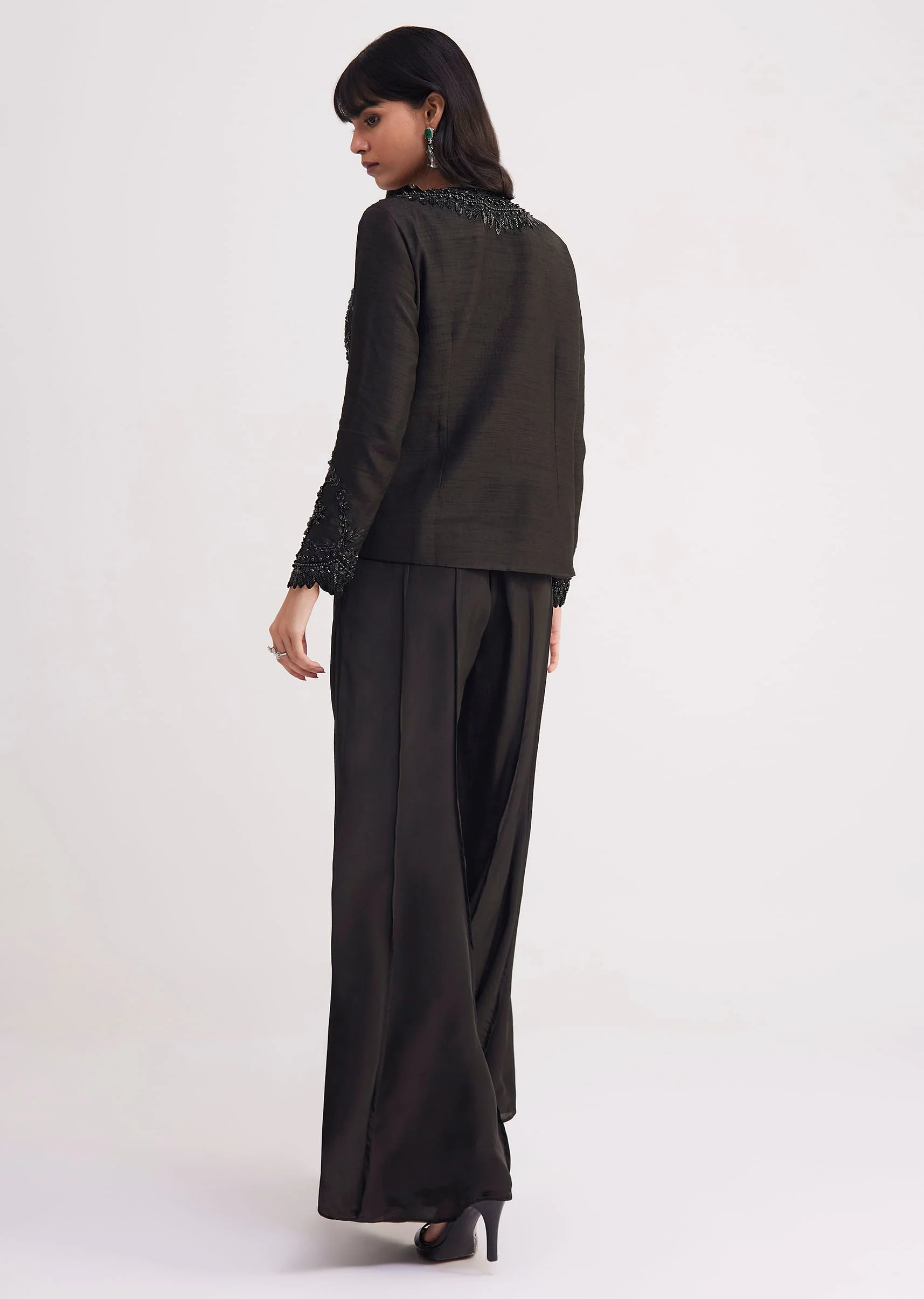Black Crop Top With Flared Satin Palazzo