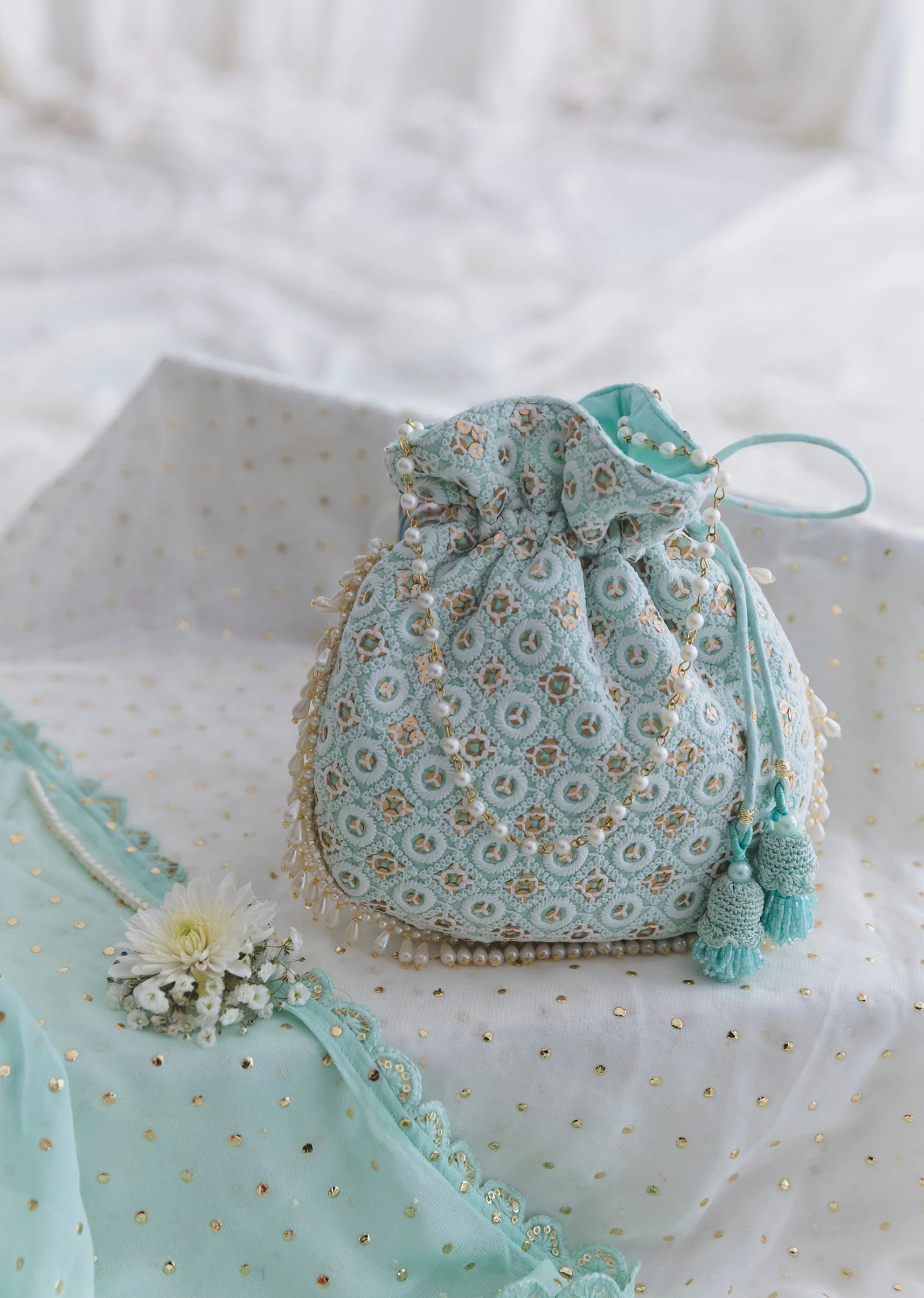 Blue Cotton Potli With Embroidery