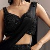 Black Lycra Ready Pleated Saree With Embroidery And Matching Blouse