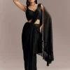 Black Lycra Ready Pleated Saree With Embroidery And Matching Blouse