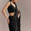 Black Lycra Ready Pleated Saree With Embroidery And Matching Blouse