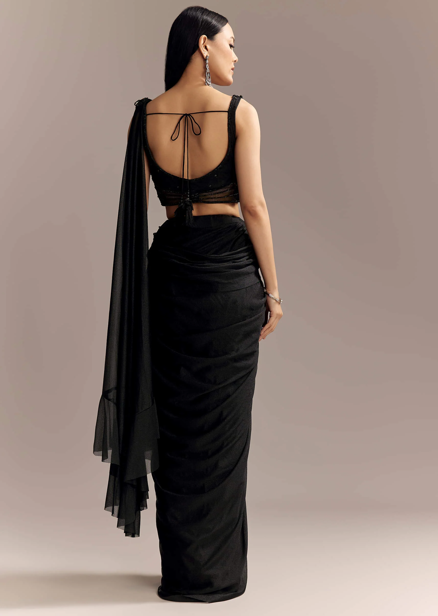 Black Lycra Ready Pleated Saree With Embroidery And Matching Blouse