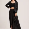 Black Crop Top Skirt And Embellished Jacket Set