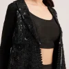 Black Crop Top Skirt And Embellished Jacket Set