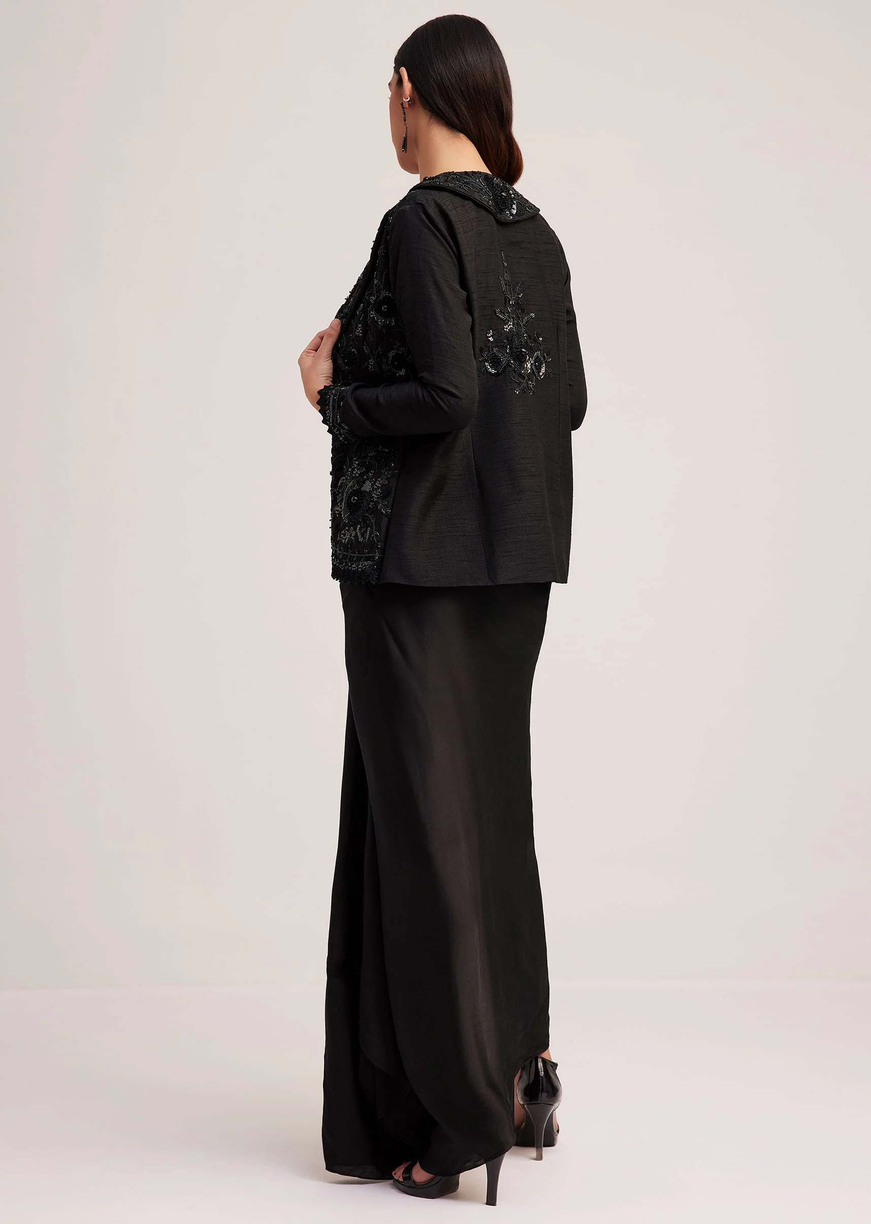 Black Crop Top Skirt And Embellished Jacket Set