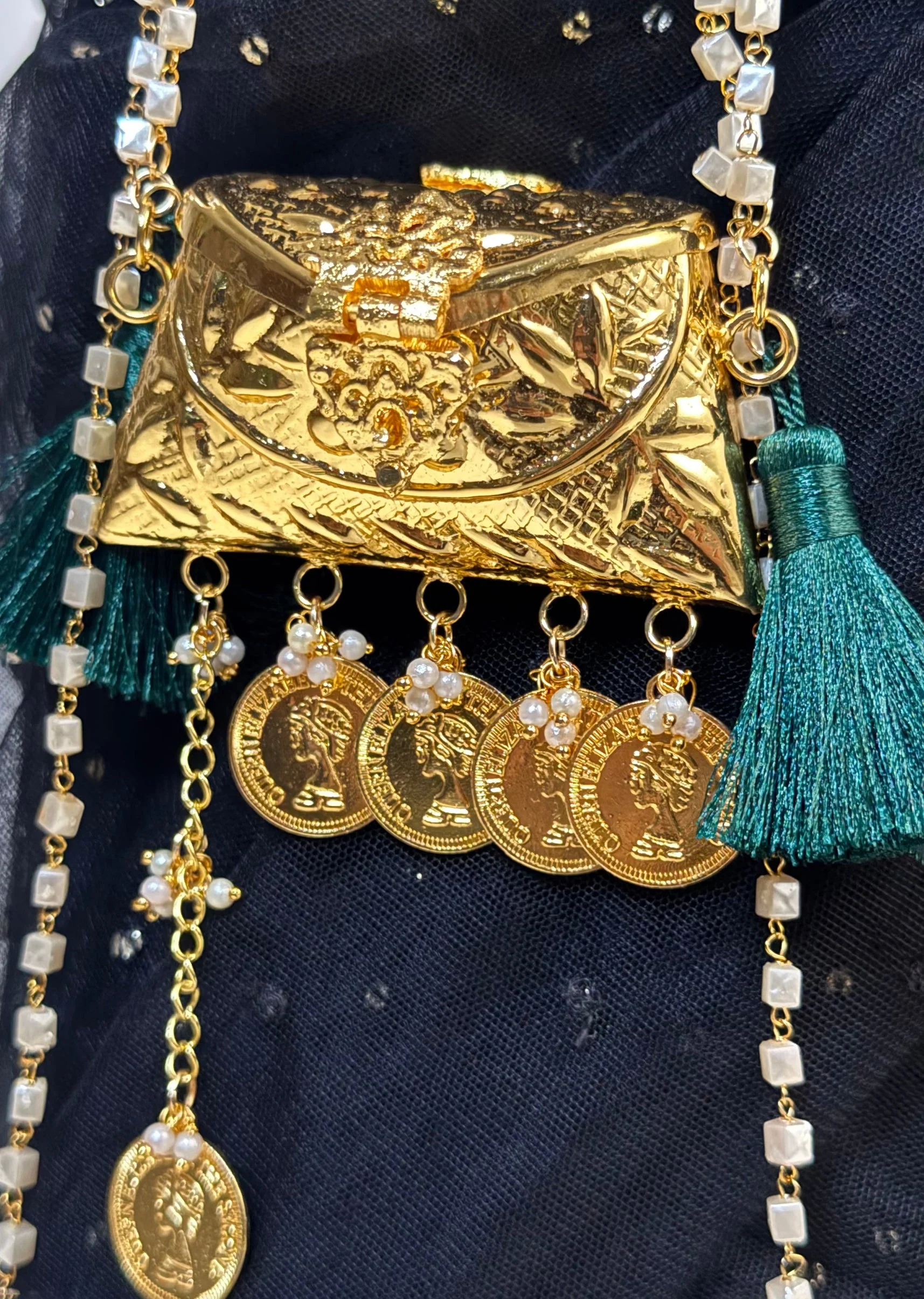 Gold Pearl Coin Charm Potli Bag