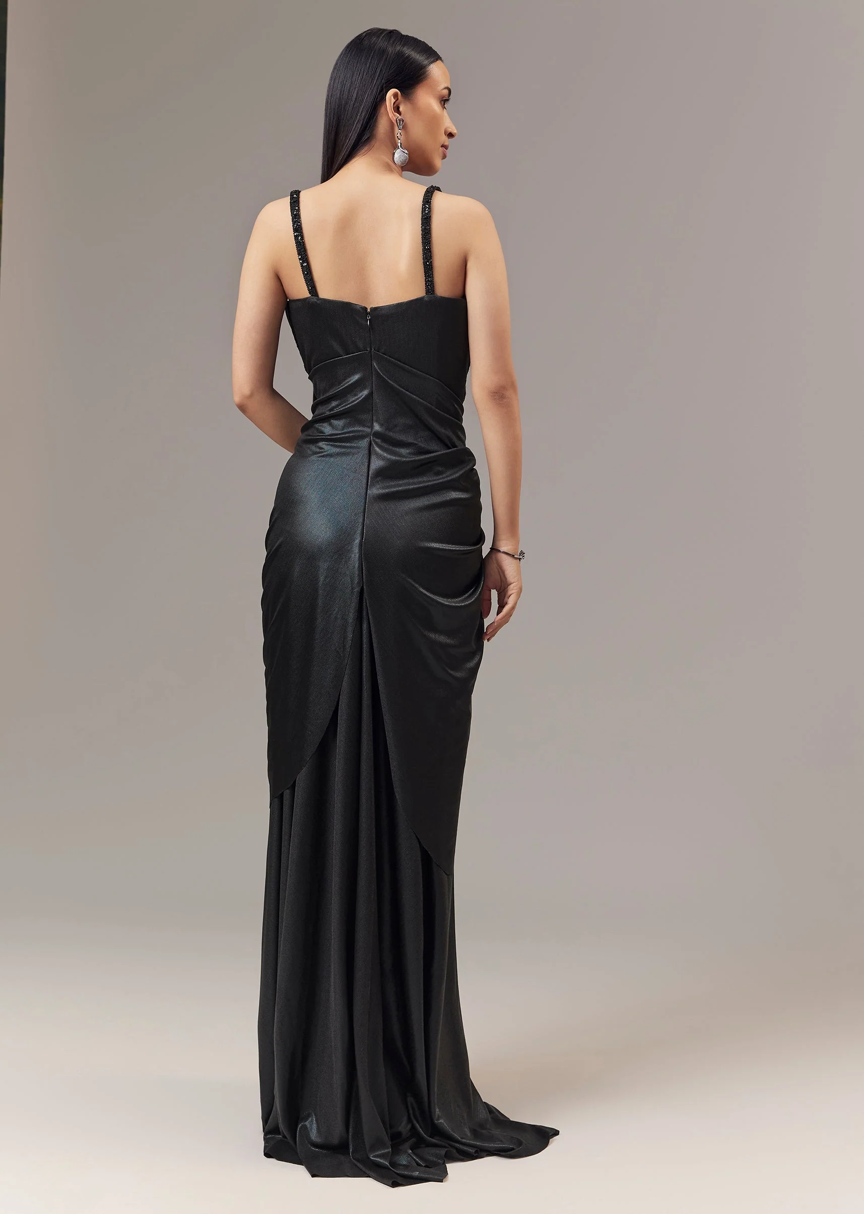 Black Contemporary Corset Gown With Pearl Bead And Sequin Embellishments