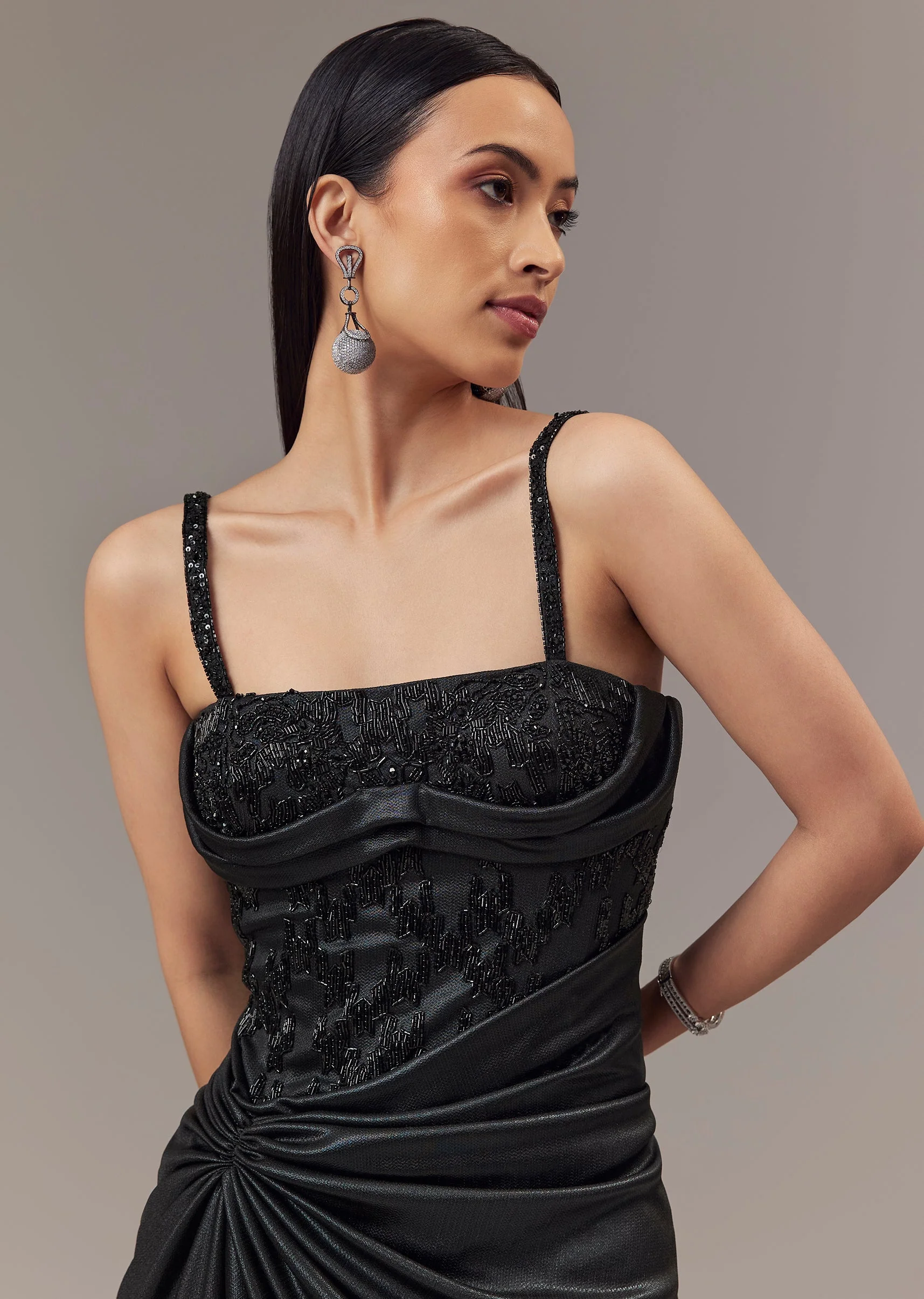 Black Contemporary Corset Gown With Pearl Bead And Sequin Embellishments