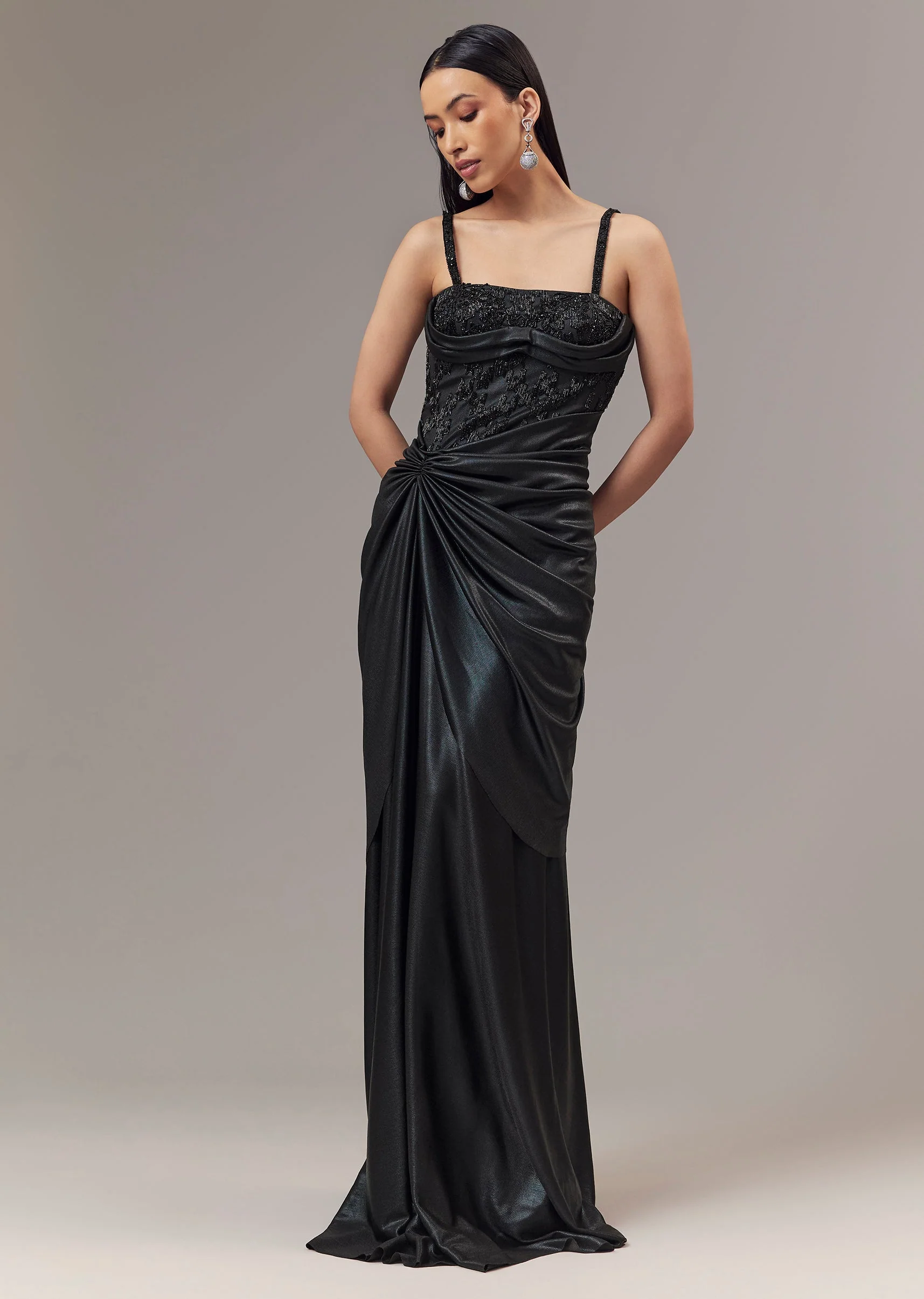 Black Contemporary Corset Gown With Pearl Bead And Sequin Embellishments