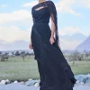 Black Embroidered Crepe Rushed Gown With Cape