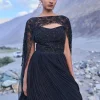 Black Embroidered Crepe Rushed Gown With Cape