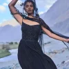 Black Embroidered Crepe Rushed Gown With Cape
