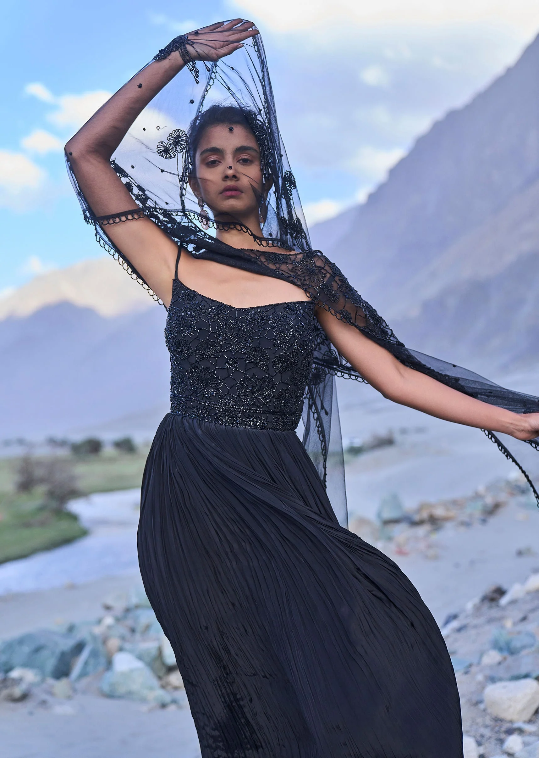 Black Embroidered Crepe Rushed Gown With Cape
