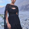 Black Embroidered Crepe Rushed Gown With Cape