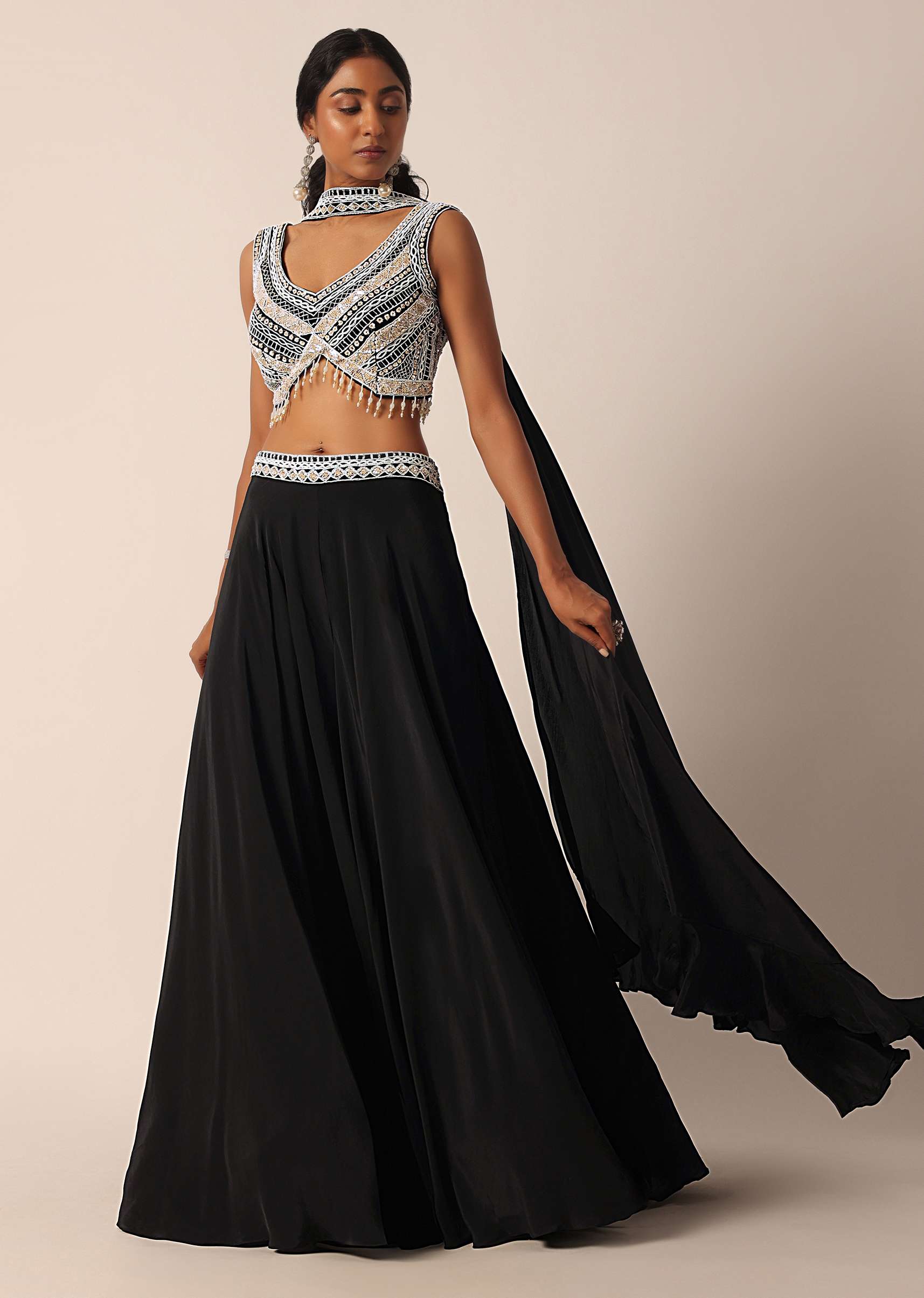 Black Bead Embellished Blouse And Palazzo Set