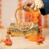 Silver and Gold Embossed Textured Metal Bag with Tassels