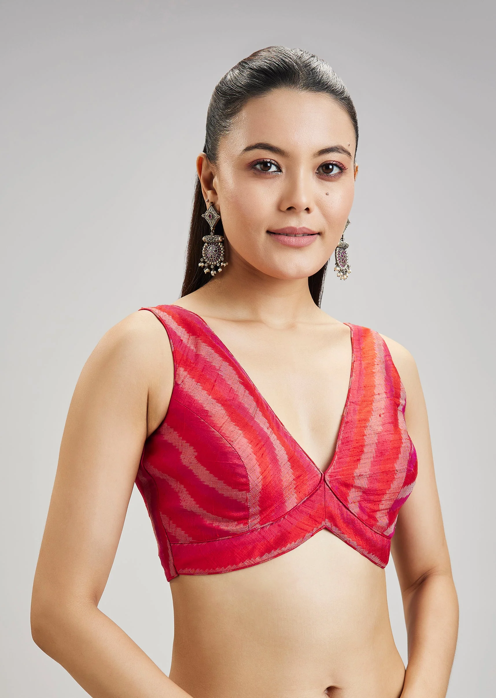 4348-red-tussar-silk-ikat-blouse-1.webp Red Tussar Silk Ikat Blouse