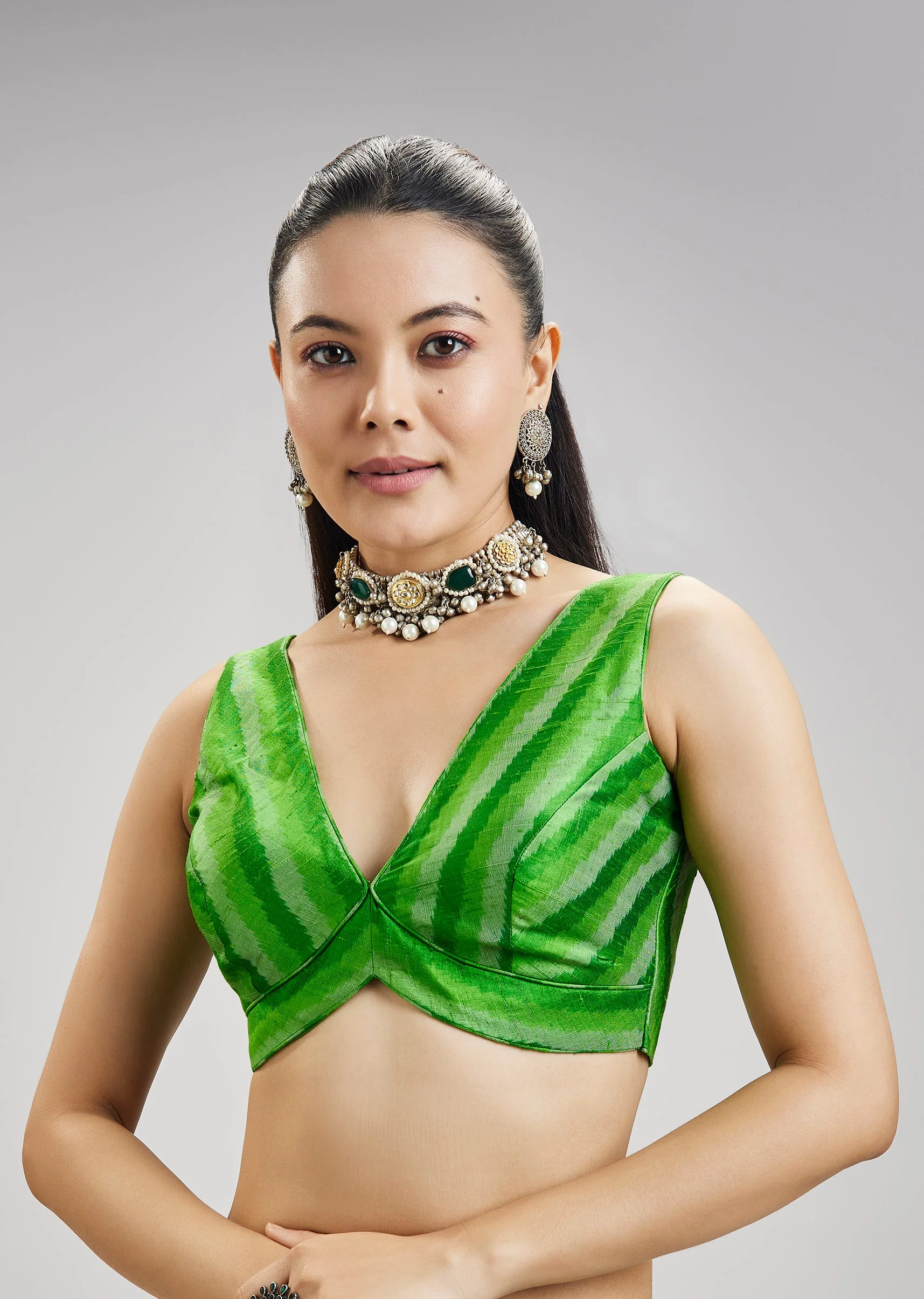 4356-green-pure-tussar-silk-ikat-potal-stitched-blouse-1.webp Green Pure Tussar Silk Ikat Potal Stitched Blouse