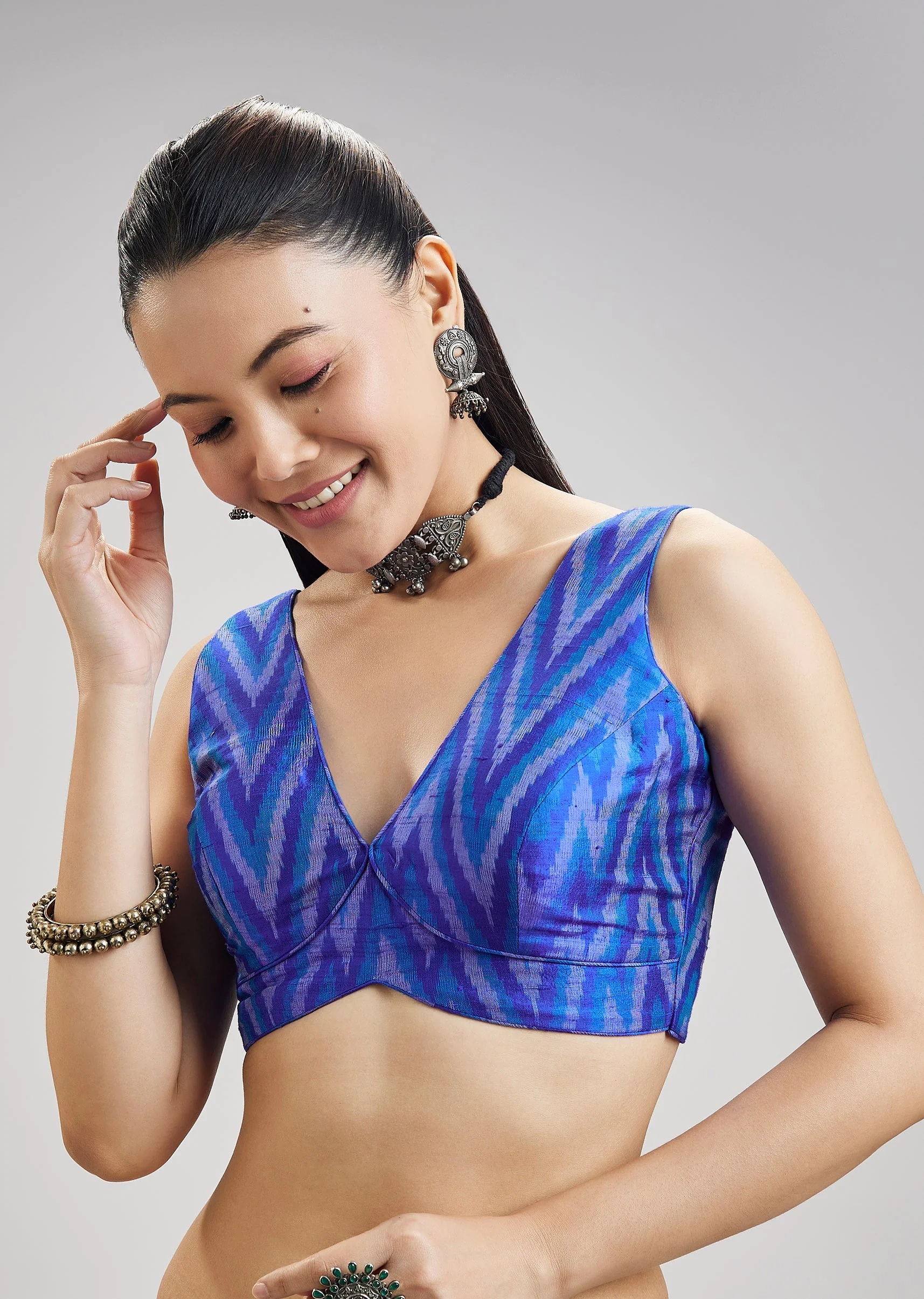 4372-royal-blue-tussar-silk-ikat-fancy-blouse-1.webp Royal Blue Tussar Silk Ikat Fancy Blouse