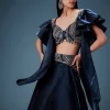 Navy Blue Organza Butterfly Blouse With Skirt