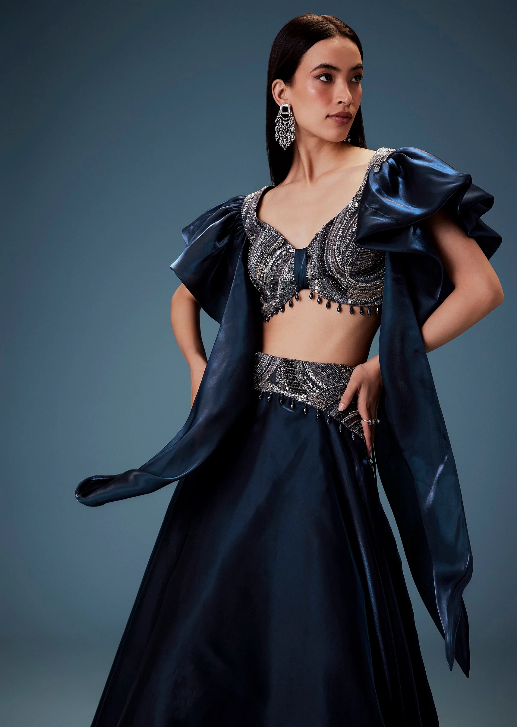 4388-navy-blue-organza-butterfly-blouse-with-skirt-1.webp Navy Blue Organza Butterfly Blouse With Skirt