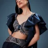 Navy Blue Organza Butterfly Blouse With Skirt