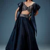 Navy Blue Organza Butterfly Blouse With Skirt