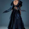 Navy Blue Organza Butterfly Blouse With Skirt
