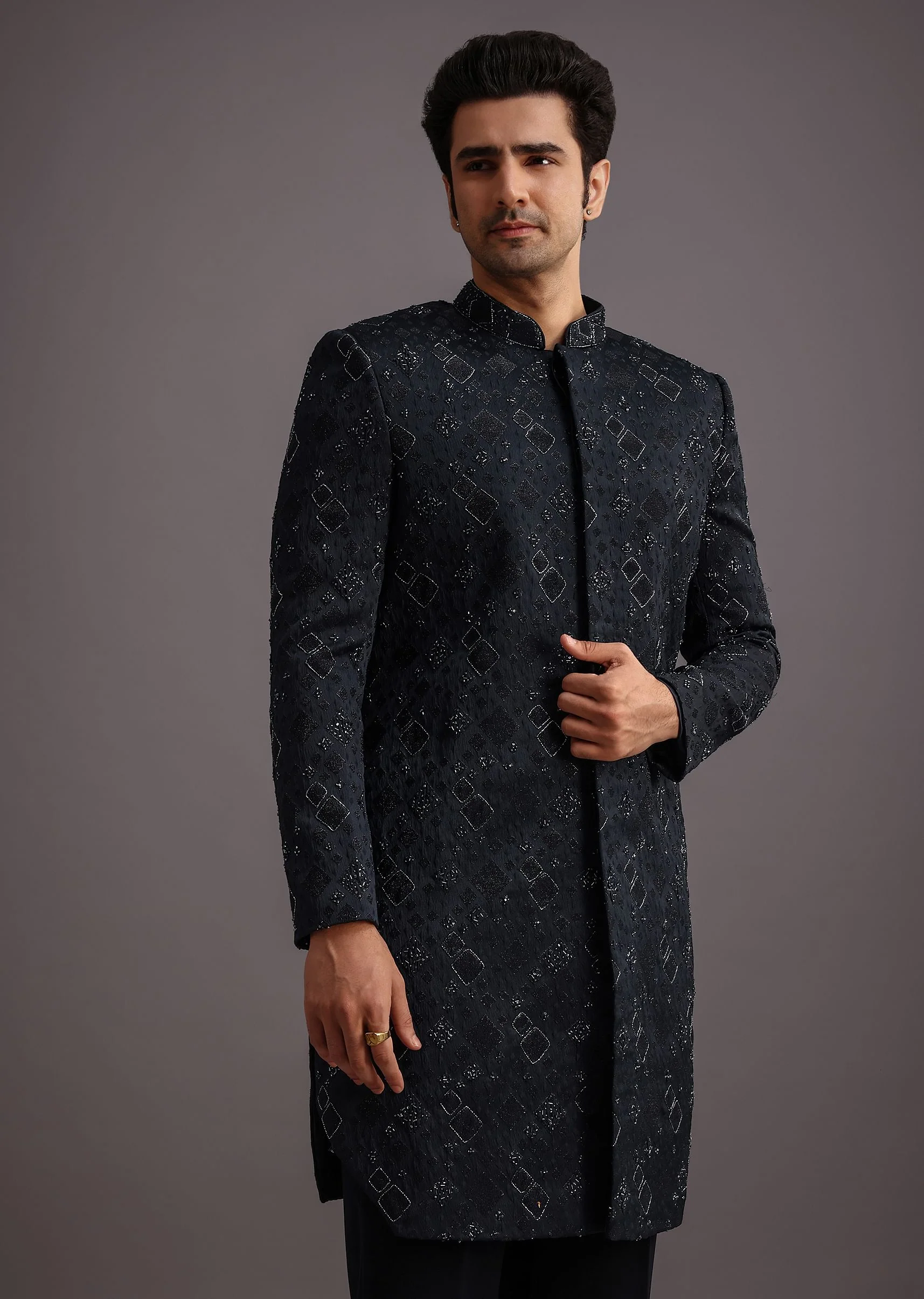 Navy Blue Cutdana Embroidered Indowestern Suit