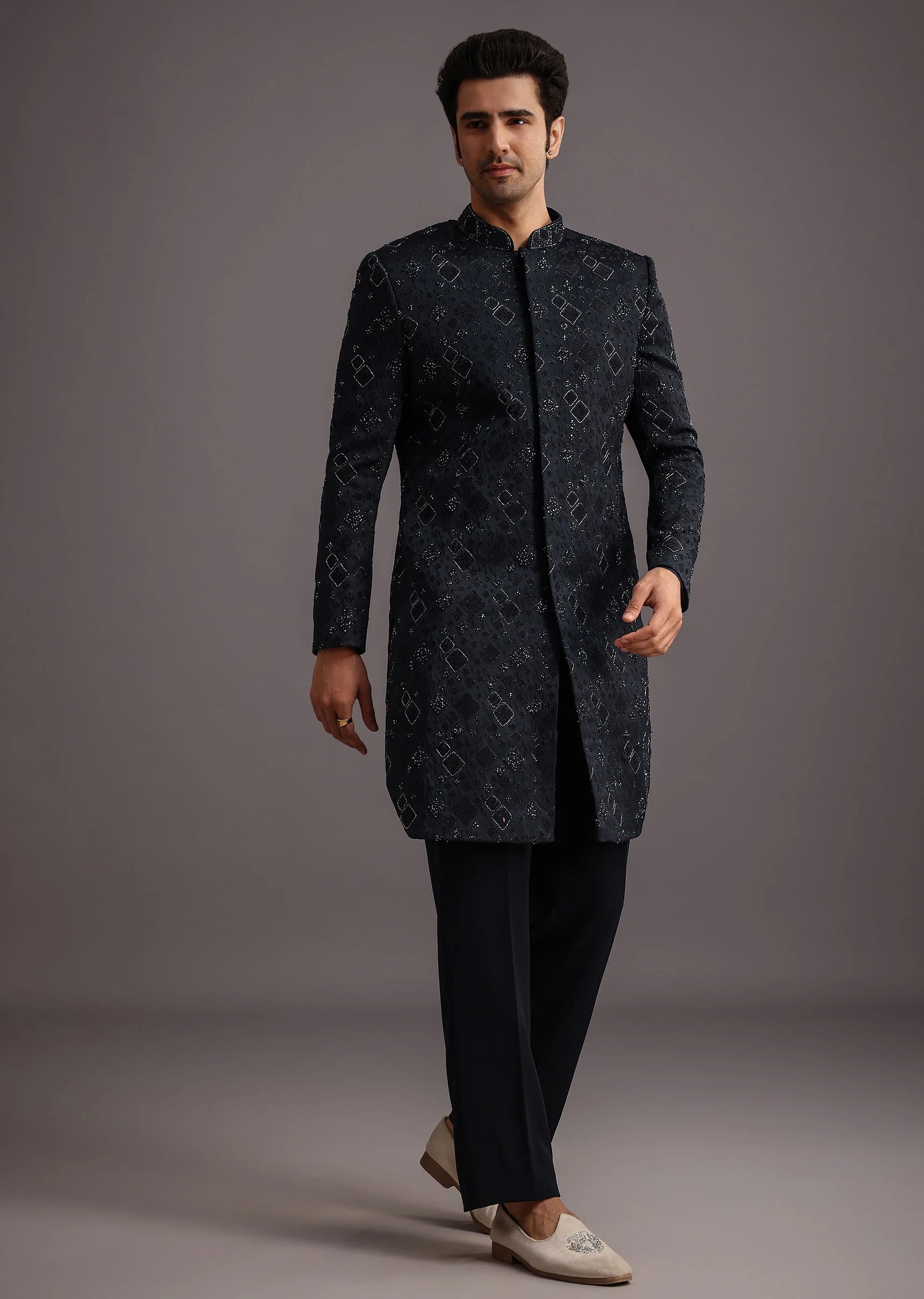 Navy Blue Cutdana Embroidered Indowestern Suit