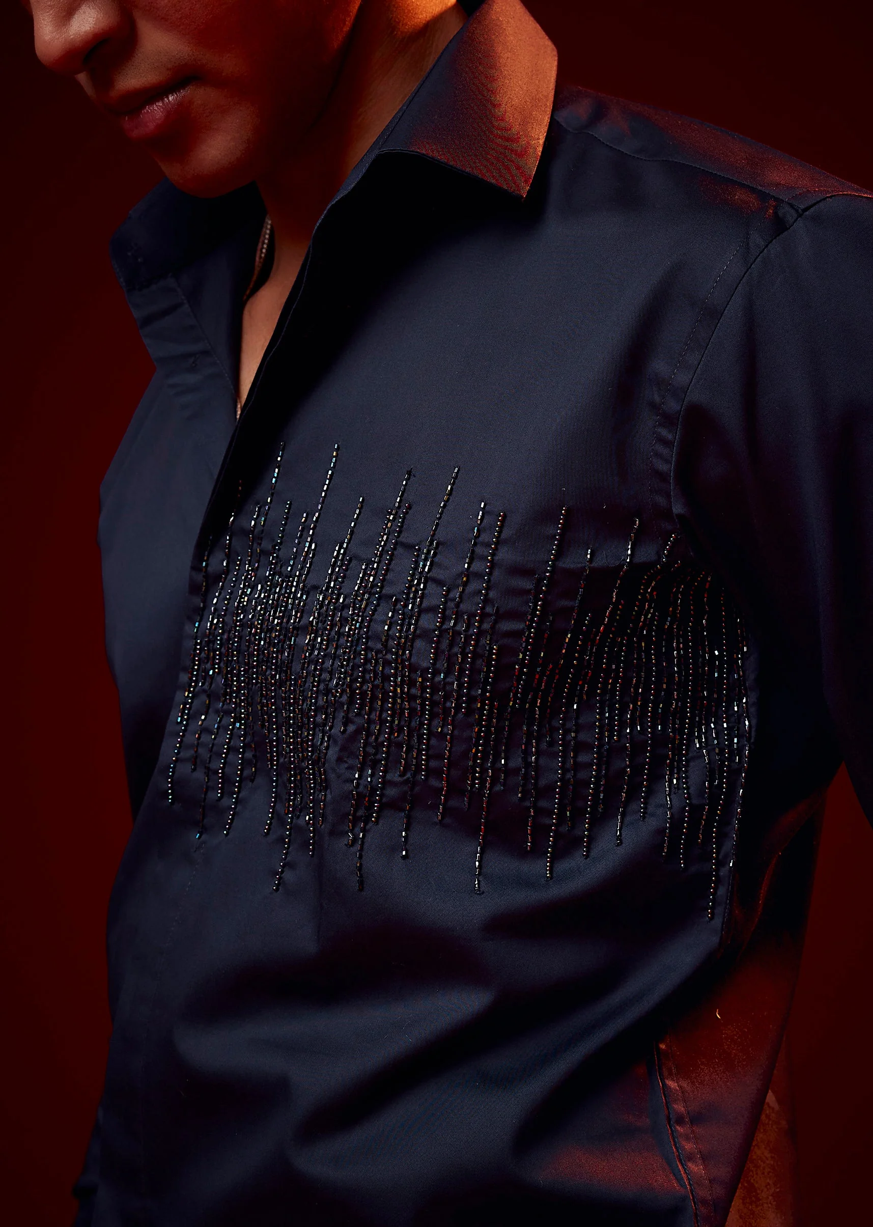 Blue Embroidered Silk Blend Party Shirt