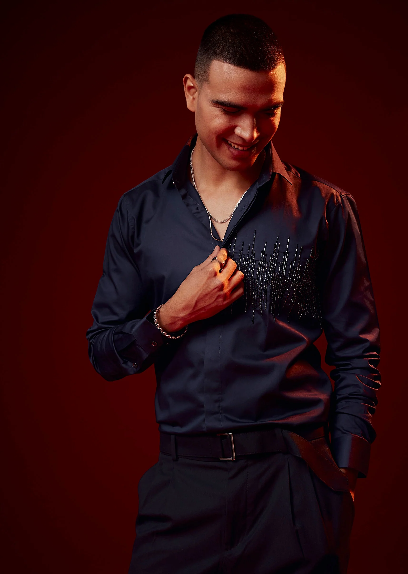 Blue Embroidered Silk Blend Party Shirt