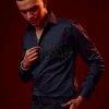 Blue Embroidered Silk Blend Party Shirt