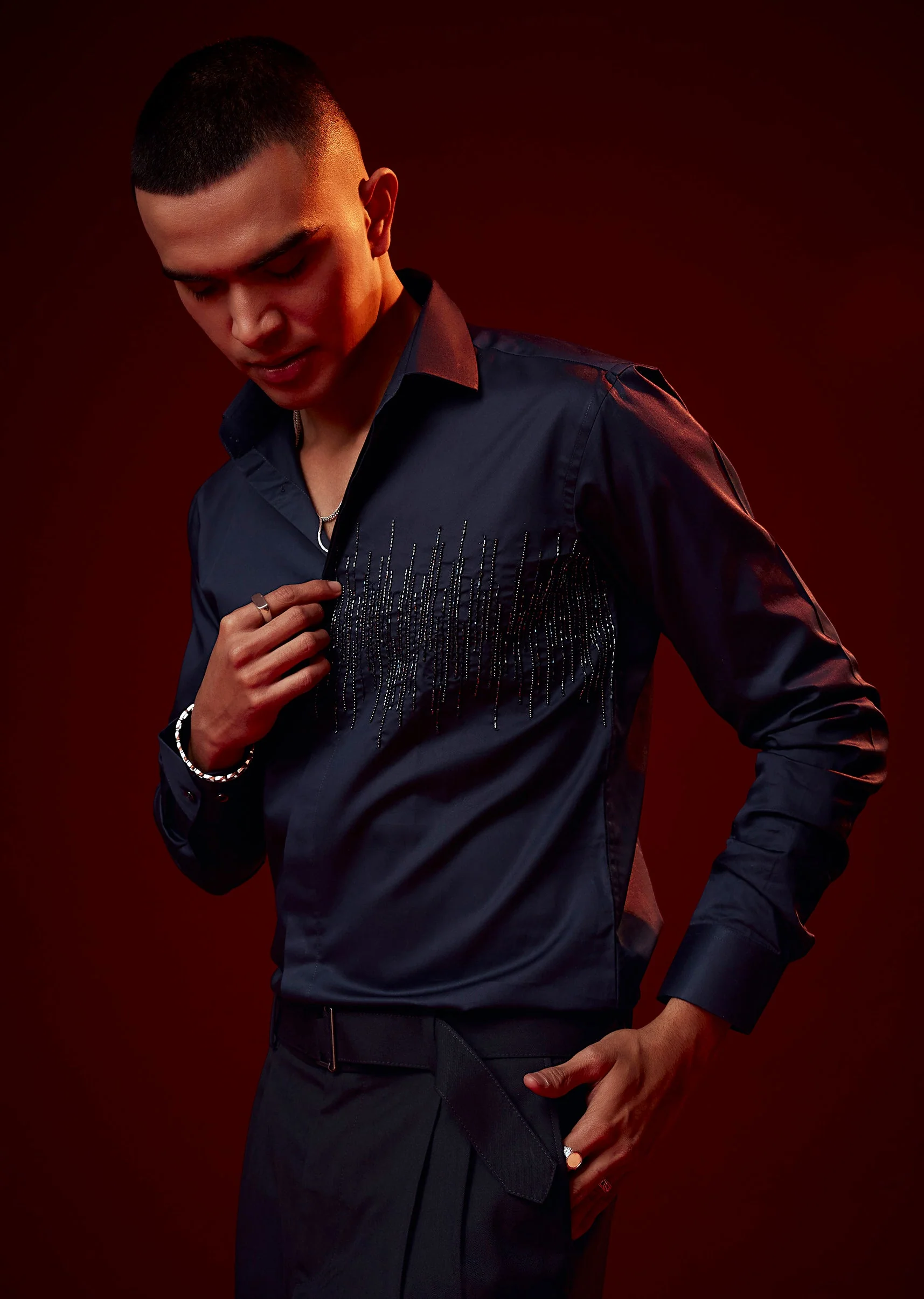 Blue Embroidered Silk Blend Party Shirt