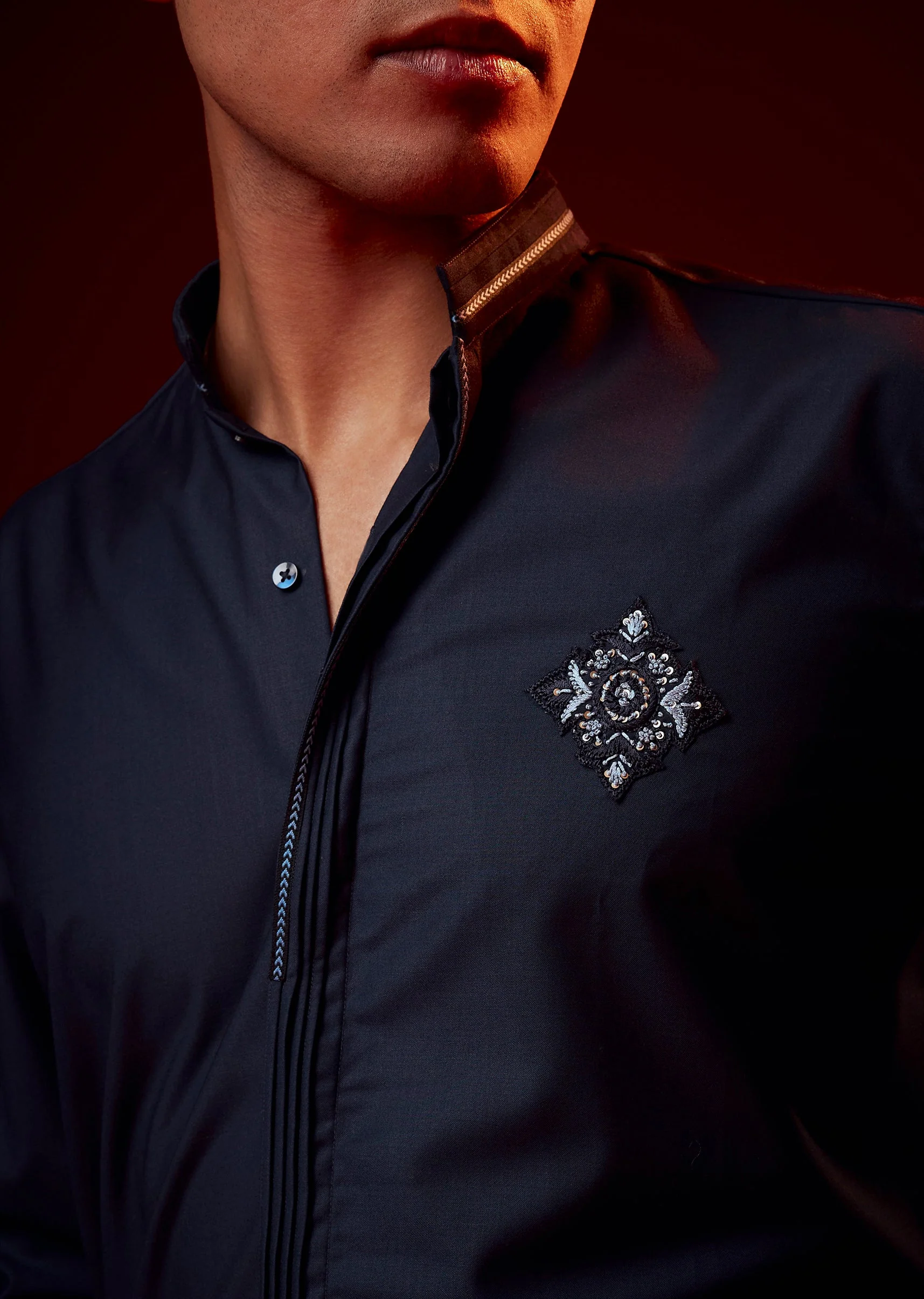 Blue Embroidered Rayon Mandarin Collar Shirt