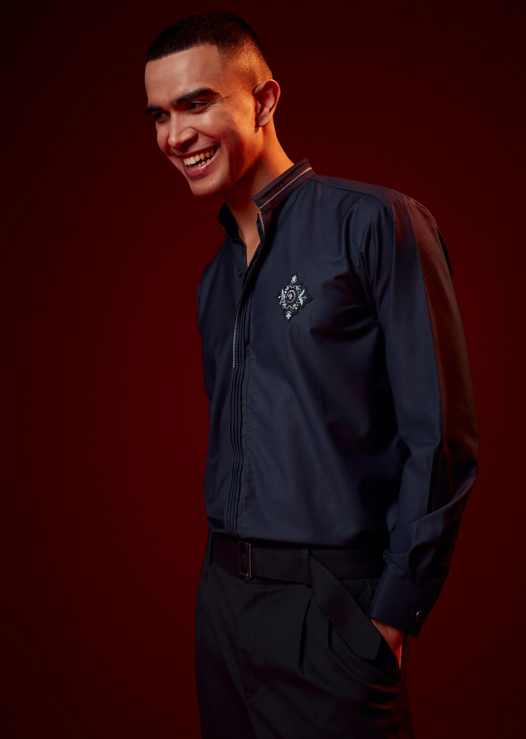 Blue Embroidered Rayon Mandarin Collar Shirt