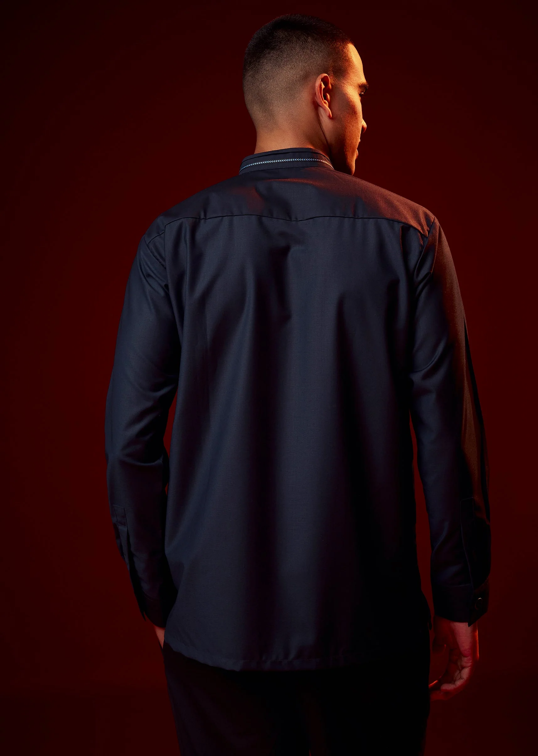 Blue Embroidered Rayon Mandarin Collar Shirt