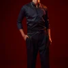 Blue Patch Work Embellished Mandarin Collar Shirt