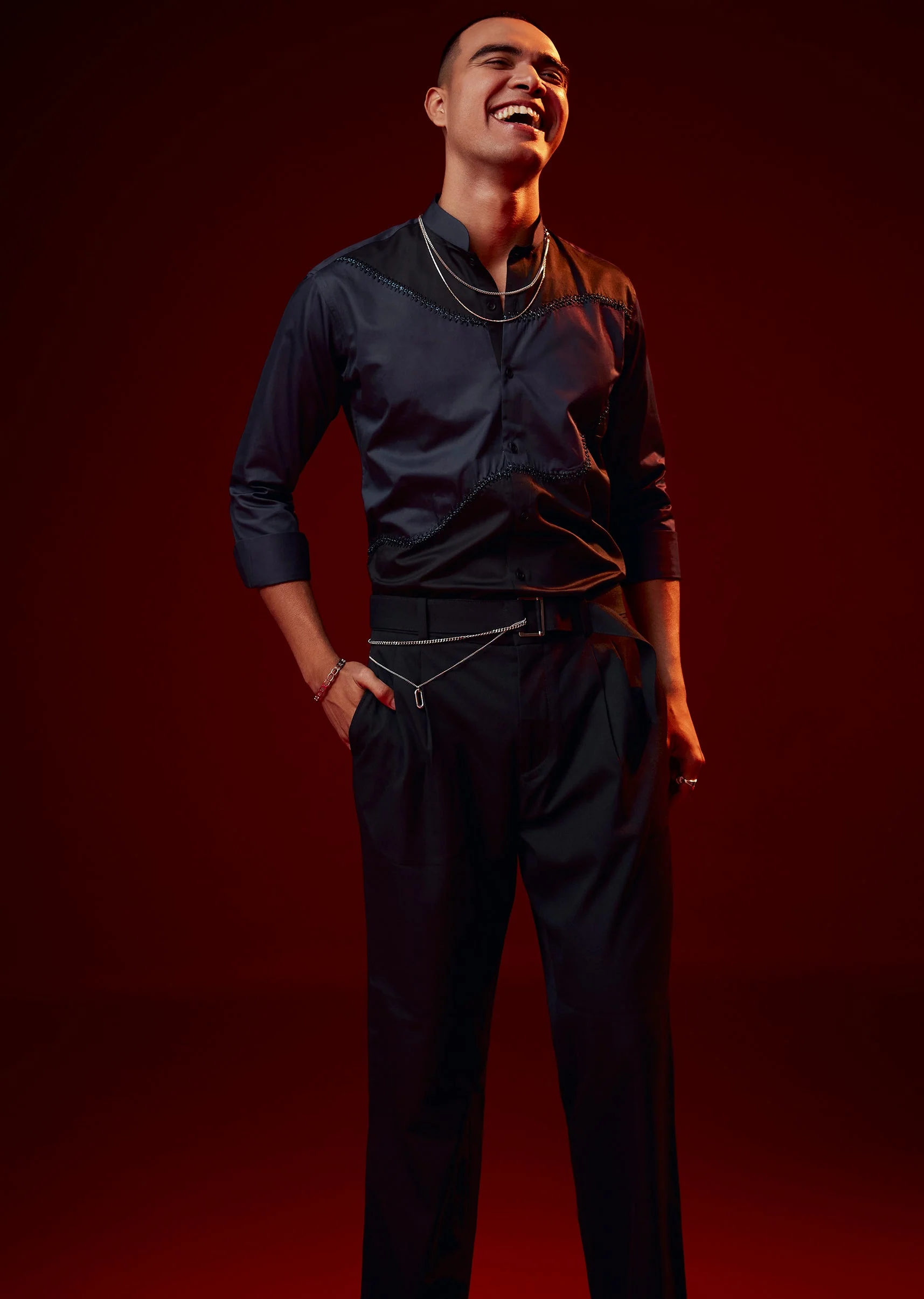 4449-blue-patch-work-embellished-mandarin-collar-shirt-1.webp Blue Patch Work Embellished Mandarin Collar Shirt