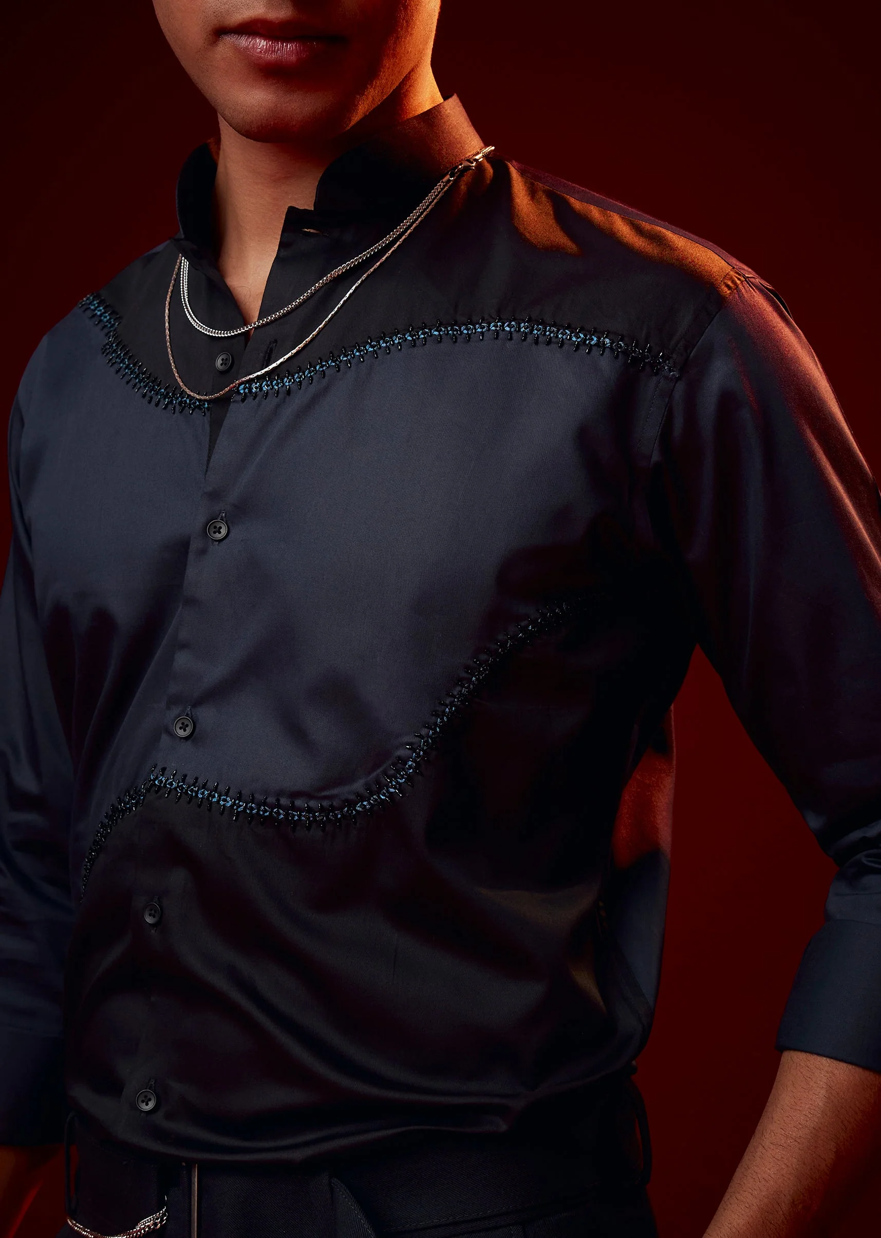 Blue Patch Work Embellished Mandarin Collar Shirt